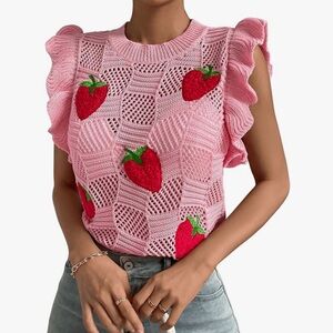 Floerns Strawberry Pointelle Knit with Ruffle‎ Sleeves Sweater Vest Size Small